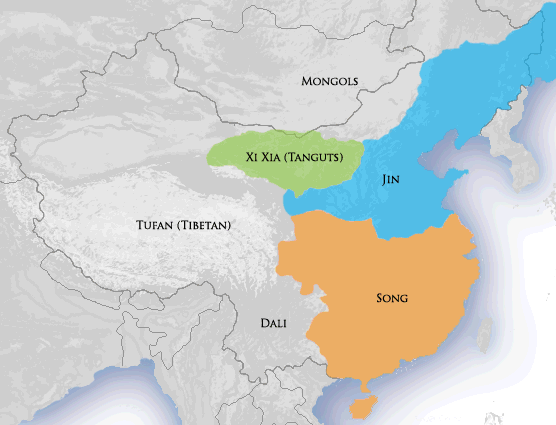 зеленый - тангуты. синий - империя Цинь. оранжевый-империя Сун