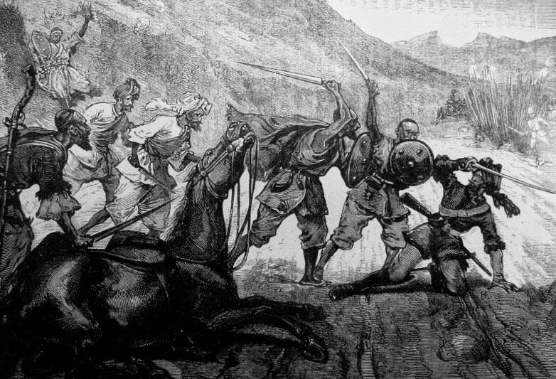 Афганцы рубят хайберами индийца из состава британской армии (XIX в.).