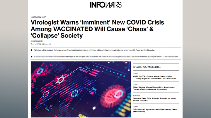    Скрин популярнейшего в США несистемного портала InfoWars: "Вирусолог предупреждает о неминуемом кризисе среди вакцинированных"