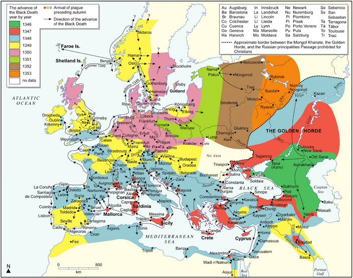 Рис. 2. Распространение Черной смерти по Европе и ее окрестностям