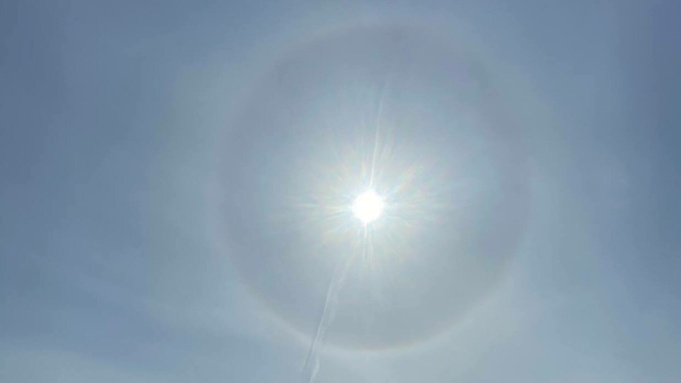 Солнечное гало со следом самолета запечатлели жители Алтайского края