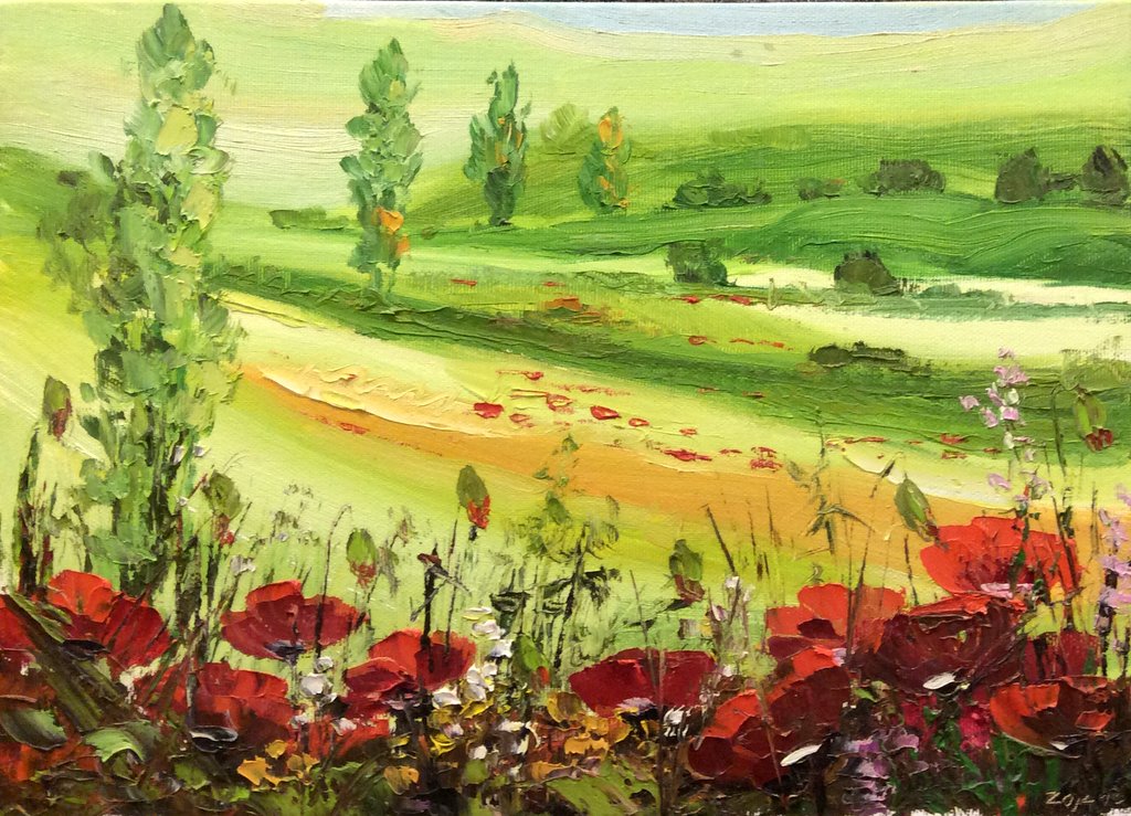 Zivotic Зоран, зеленые поля, маслом на холсте, 25x35cm, £270