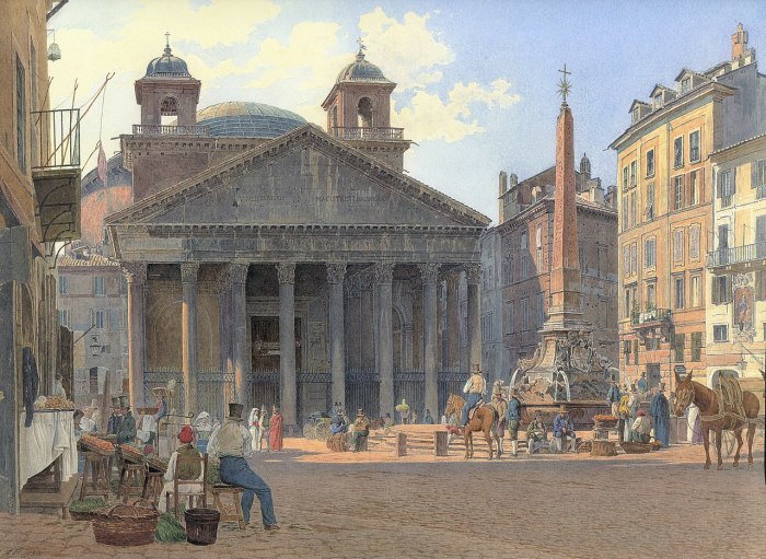 Только раз в году солнечные лучи изнутри храма освещали решетку у входа в Пантеон (Jakob Alt, 1836 г.). | Фото: ru.wikipedia.org.