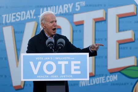 U.S. President-elect Joe Biden campaigns for Democratic U.S. Senate candidates Jon Ossoff and Raphael Warnock at a rally ahead of runoff elections in Atlanta, Georgia, U.S. January 4, 2021. REUTERS/Jonathan Ernst