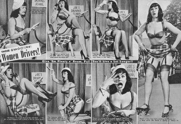 Разворот журнала Beauty Parade марта 1952 года. Бетти Пейдж изображает женщин за рулём (Wikimedia / vintagescans.blogspot.com)